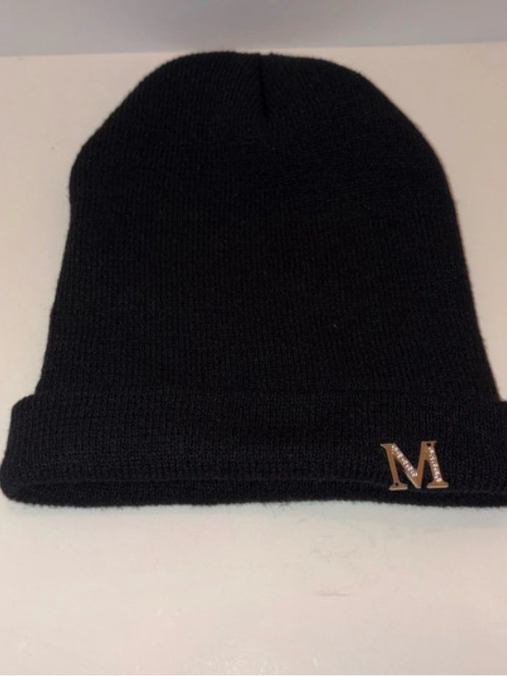 Black Knit Beanie with Gold 'M' Accent - Men's Accessory